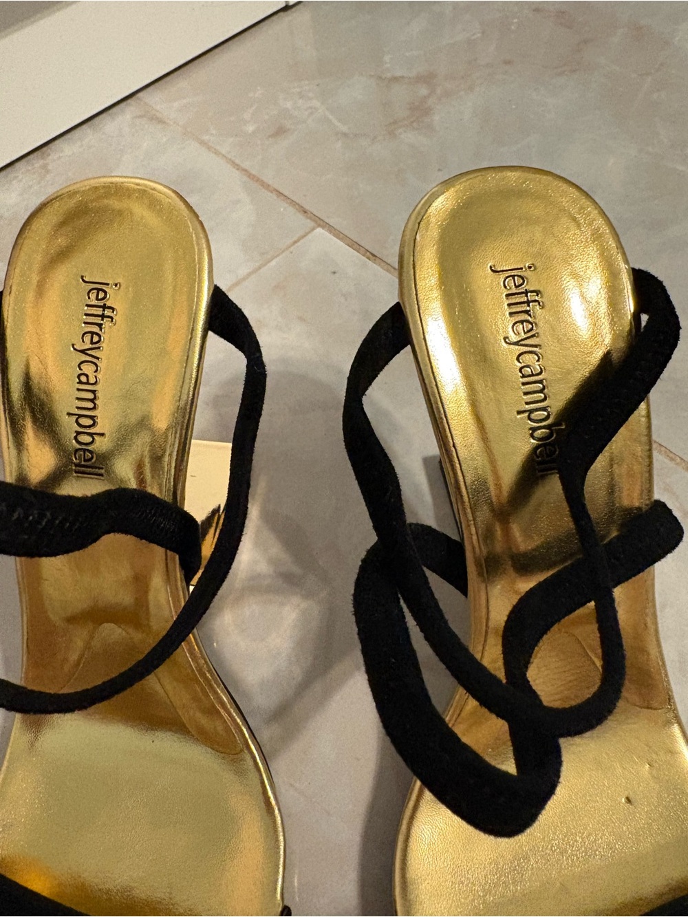 Jeffrey Campbell Black Suede Strappy Gold Metallic Sandal Heels - Picture 2 of 5